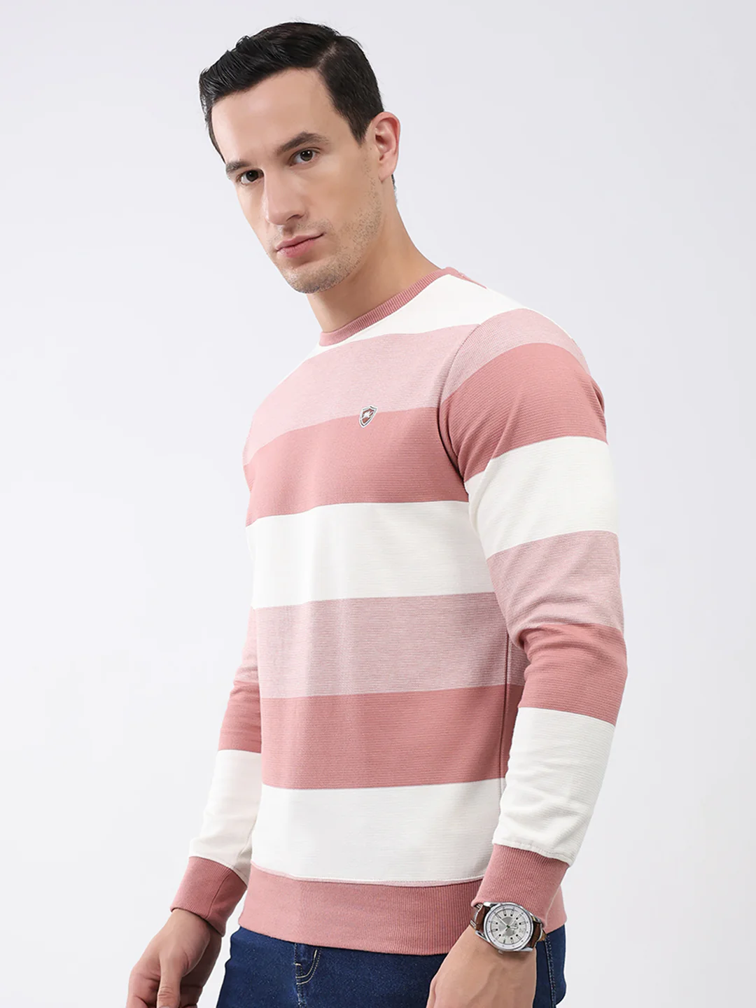 Men Peach Stripe Round Neck Full Sleeve Winter T-Shirt - Image 3