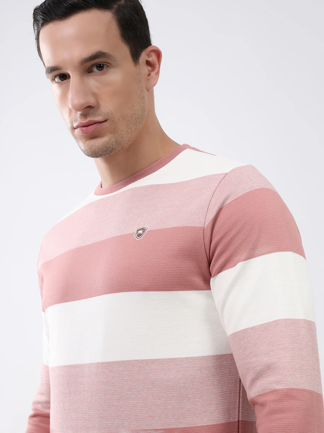 Men Peach Stripe Round Neck Full Sleeve Winter T-Shirt - Image 6
