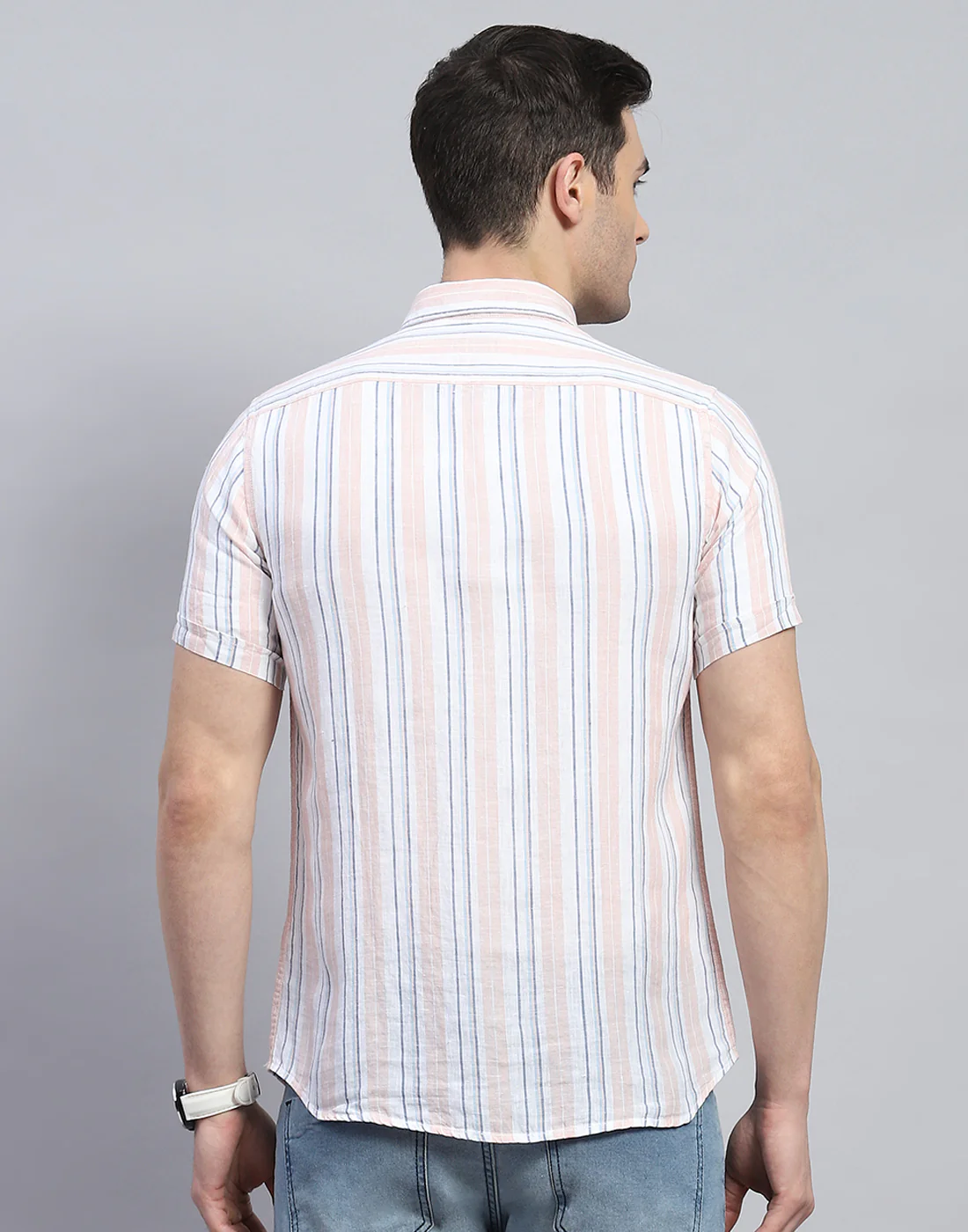 Men Peach Stripe Spread Collar Half Sleeve Linen Shirt - Image 6