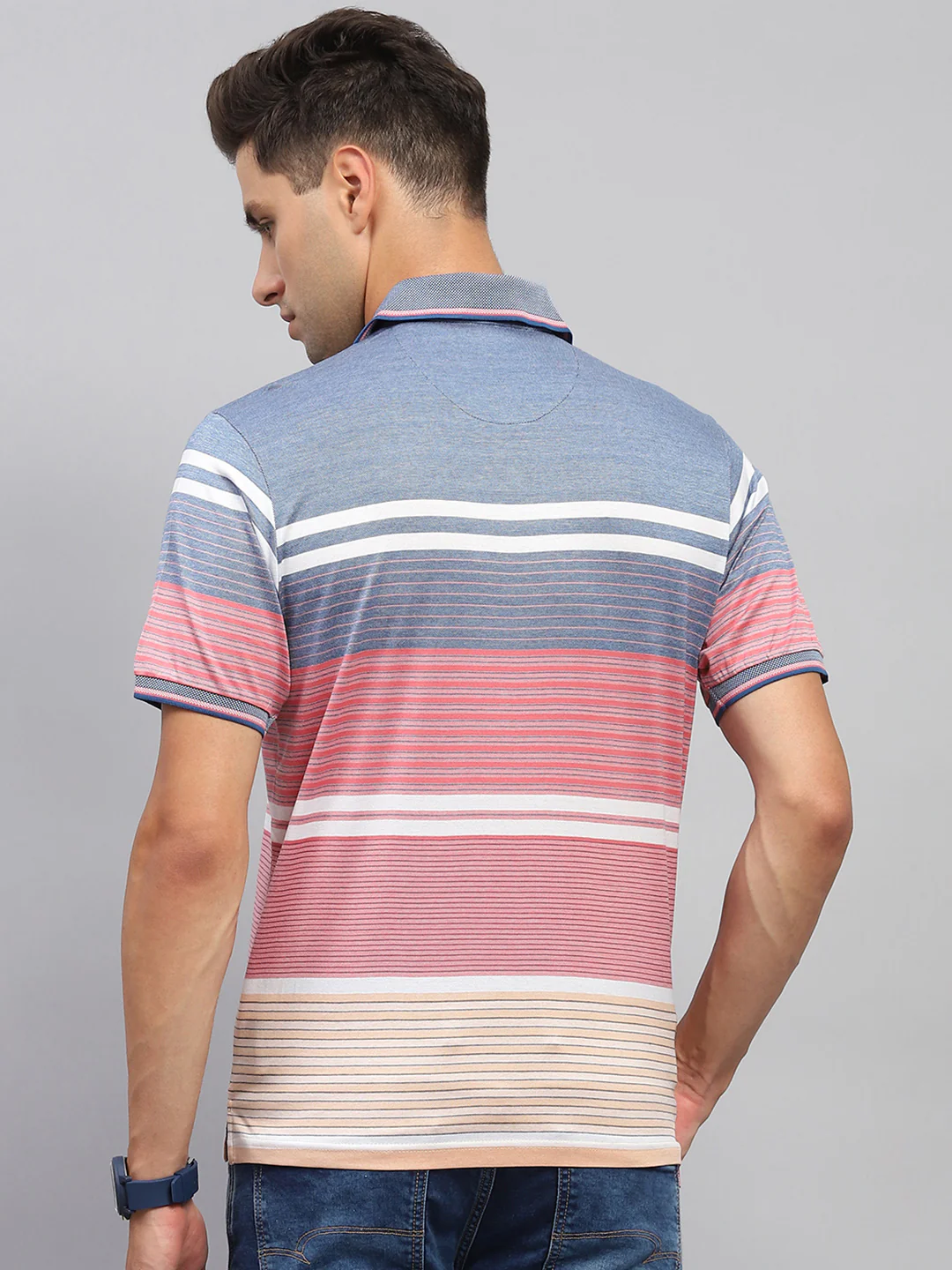 Men Pink & Blue Stripe Collar Half Sleeve T-Shirt - Image 5