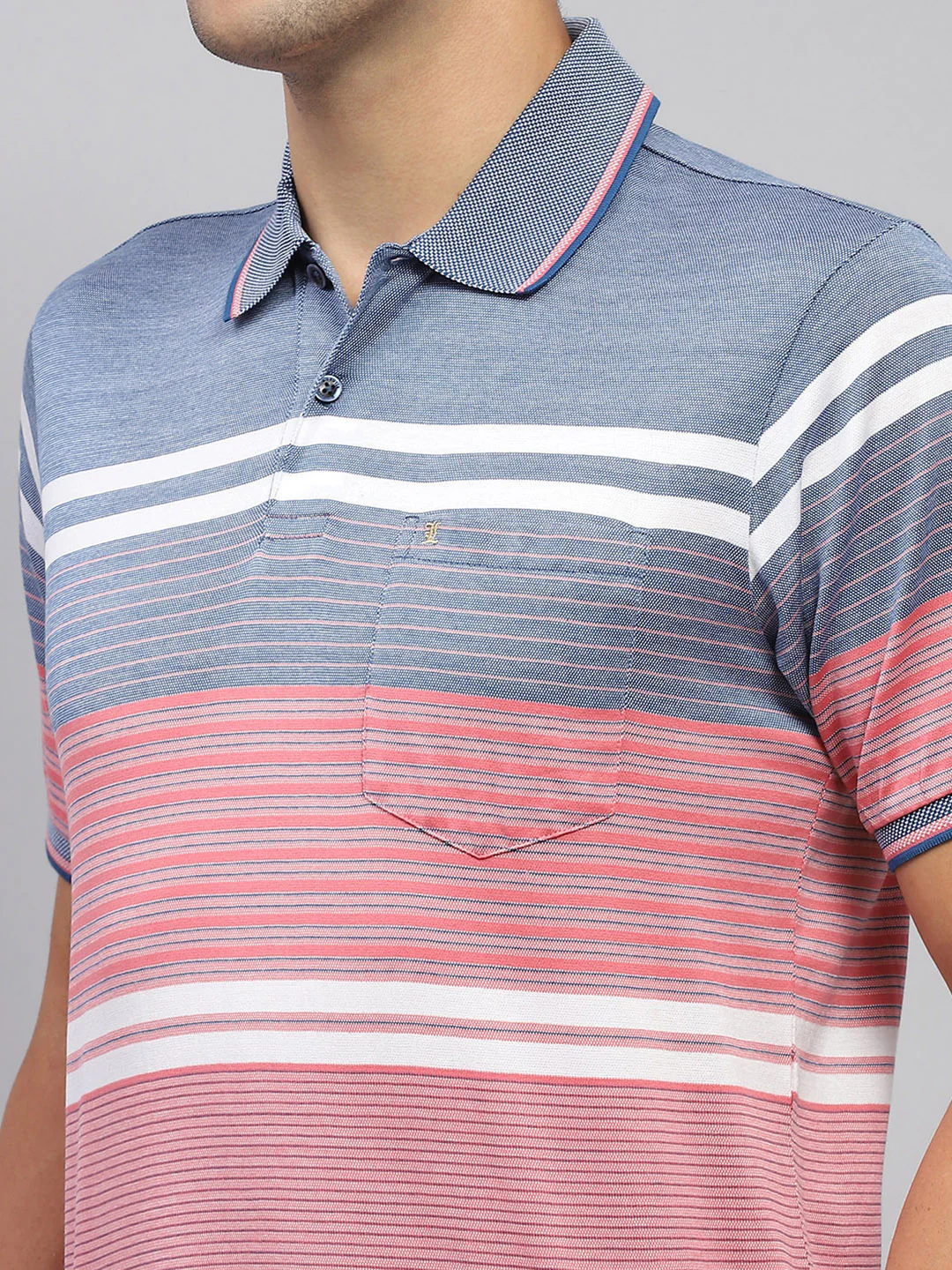 Men Pink & Blue Stripe Collar Half Sleeve T-Shirt - Image 6