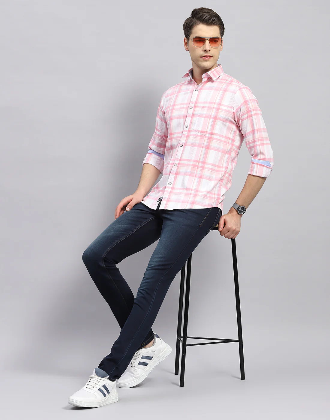 Men Pink Check Collar Full Sleeve Shirt - Image 2