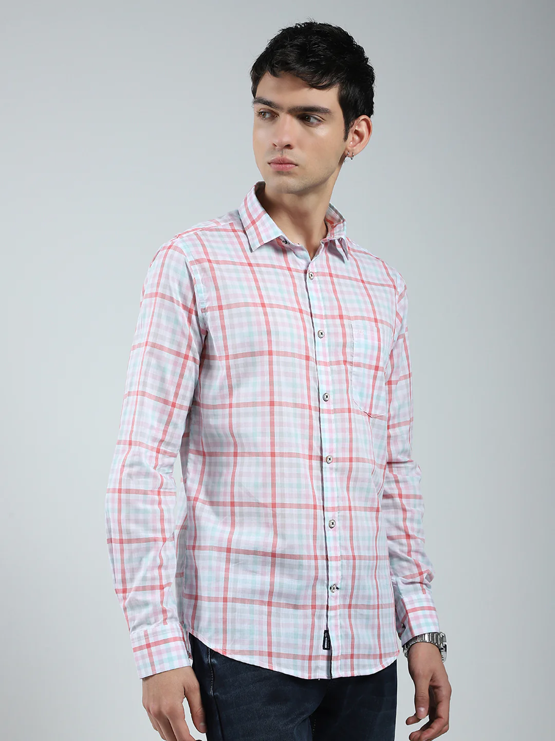 Men Pink Check Collar Full Sleeve Shirt - Image 4