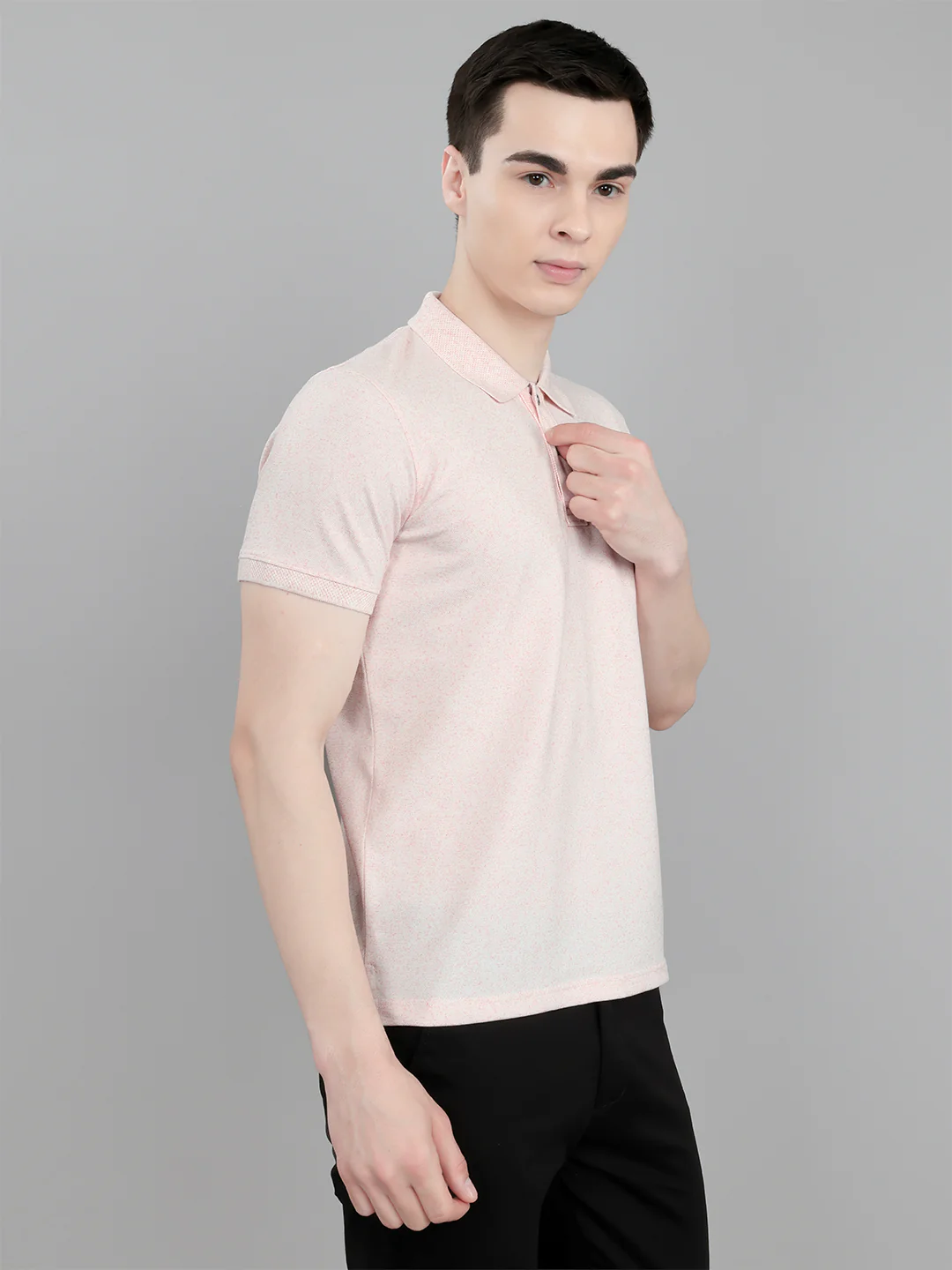 Men Pink Melange Collar Half Sleeve T-Shirt - Image 3