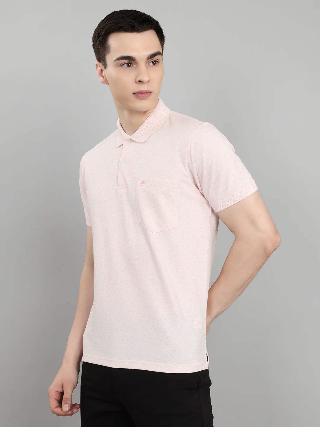 Men Pink Melange Collar Half Sleeve T-Shirt - Image 2