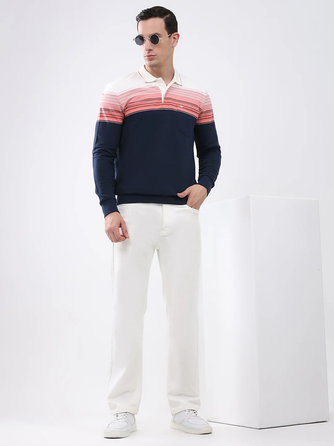 Men Pink & Navy Blue Stripe Collar Full Sleeve Winter T-Shirt - Image 2