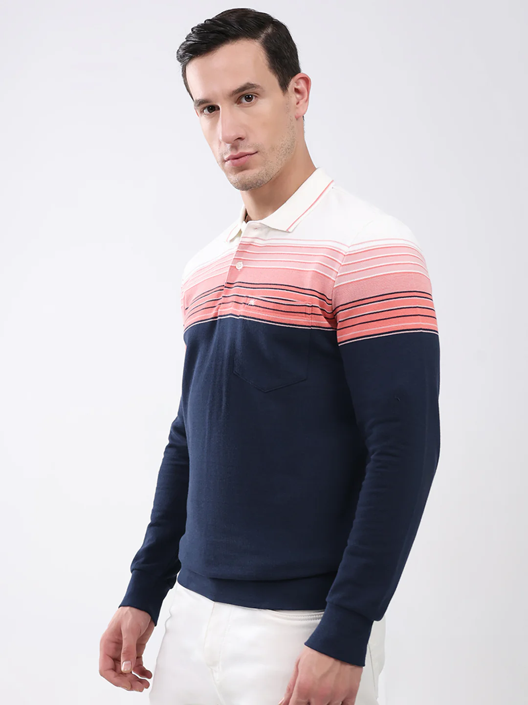 Men Pink & Navy Blue Stripe Collar Full Sleeve Winter T-Shirt - Image 3