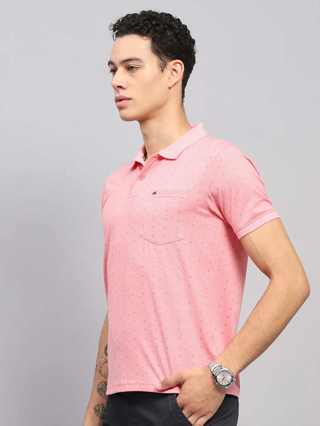 Men Pink Printed Collar Half Sleeve T-Shirt - Image 3
