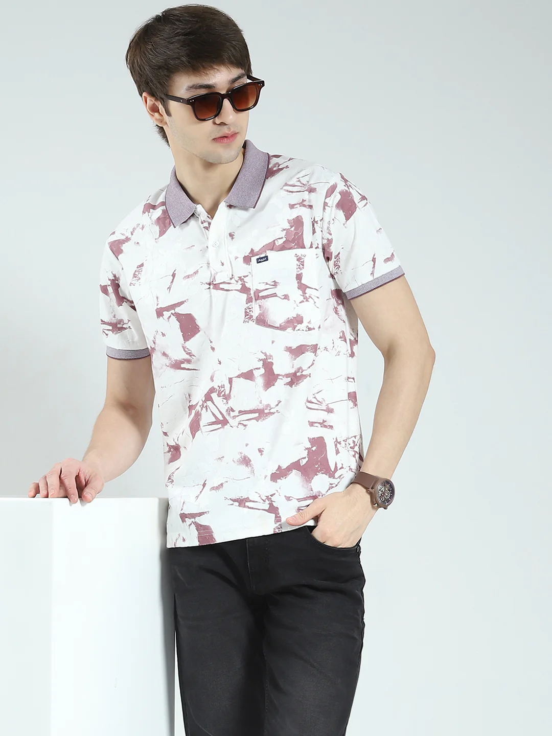 Men Pink Printed Collar Half Sleeve T-Shirt - Image 6