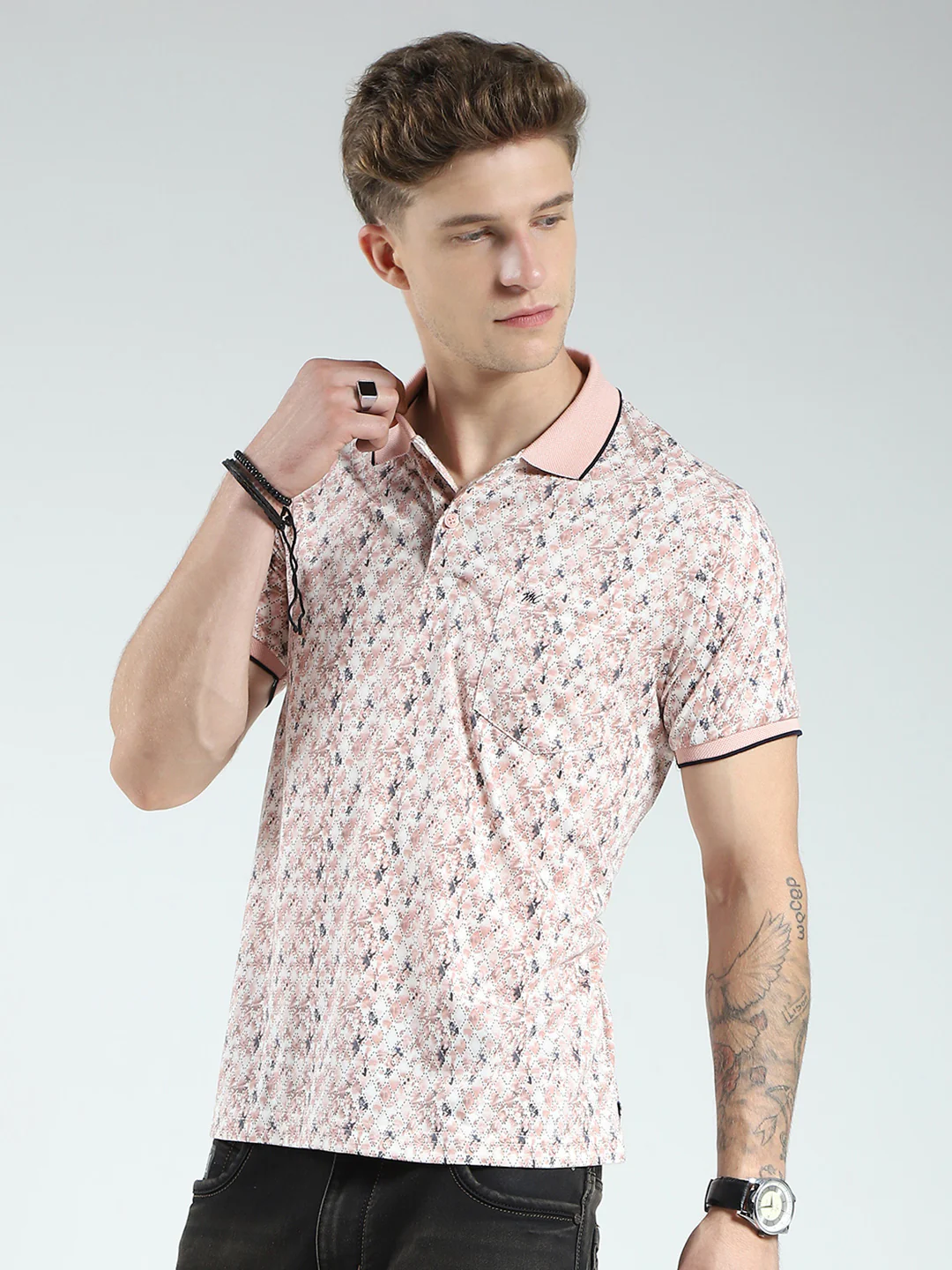 Men Pink Printed Collar Half Sleeve T-Shirt - Image 3