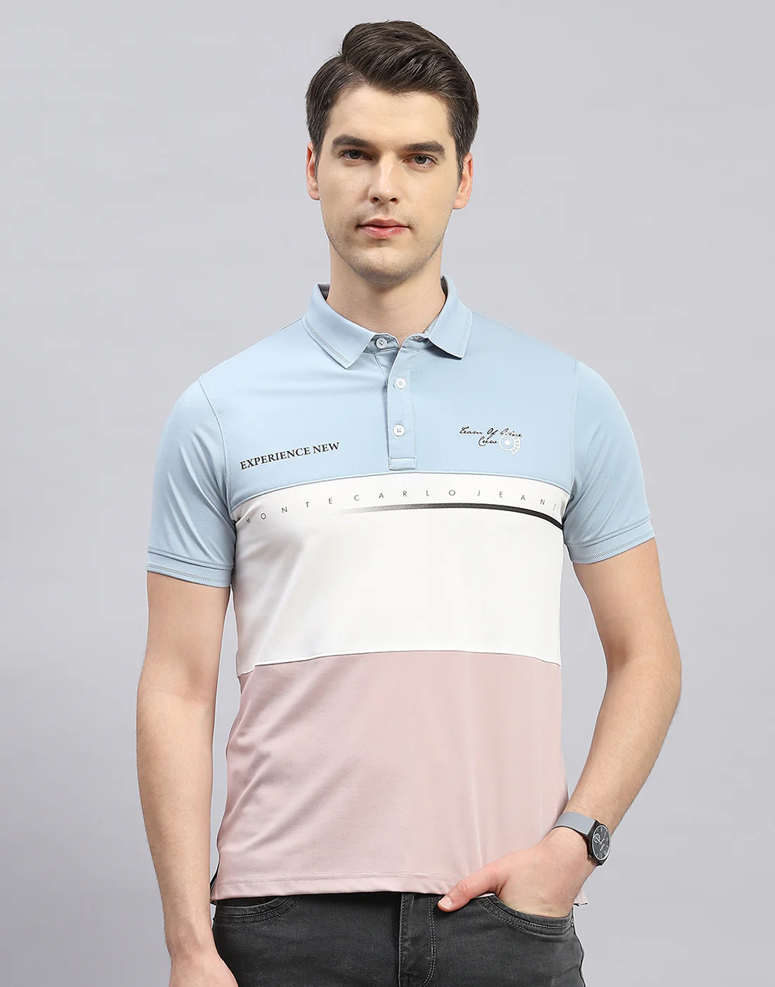 Men Pink Printed Polo Collar Half Sleeve T-Shirt - Image 2