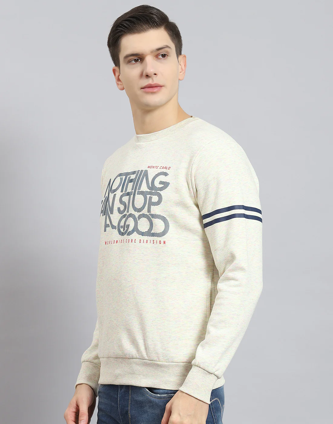 Men Beige Printed Round Neck Full Sleeve Sweatshirt - Image 4
