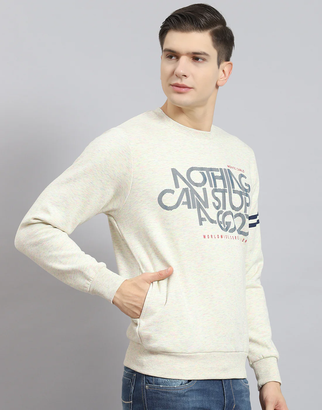 Men Beige Printed Round Neck Full Sleeve Sweatshirt - Image 5