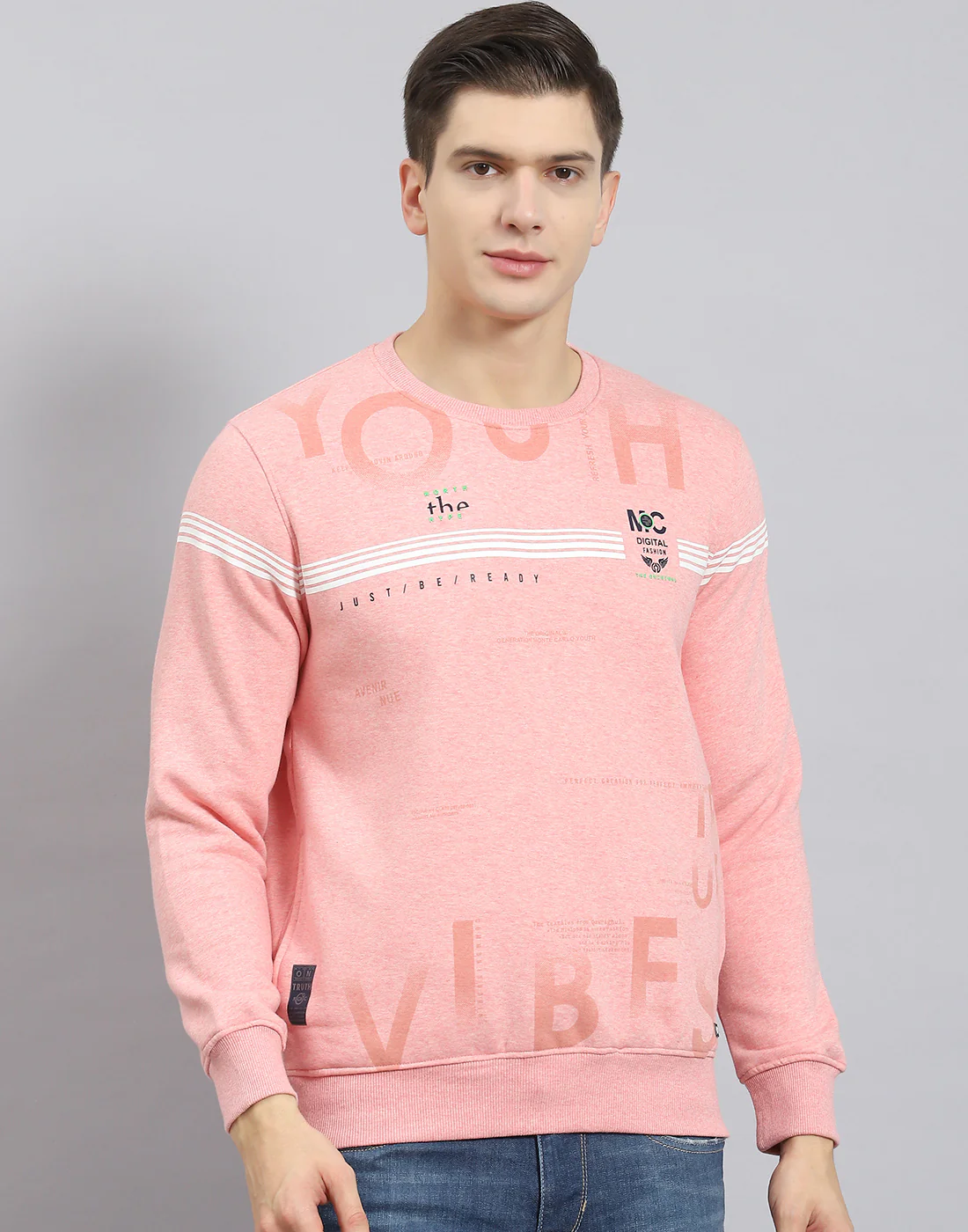 Men Pink Printed Round Neck Full Sleeve Sweatshirt - Image 3