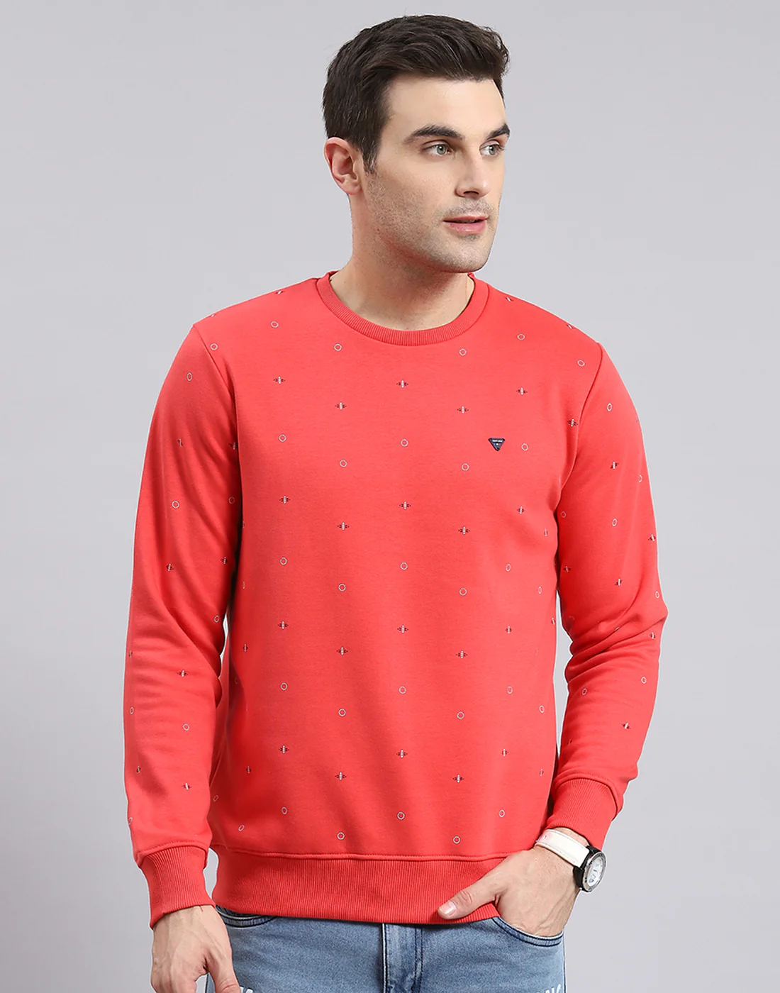 Men Pink Printed Round Neck Full Sleeve Sweatshirt - Image 2