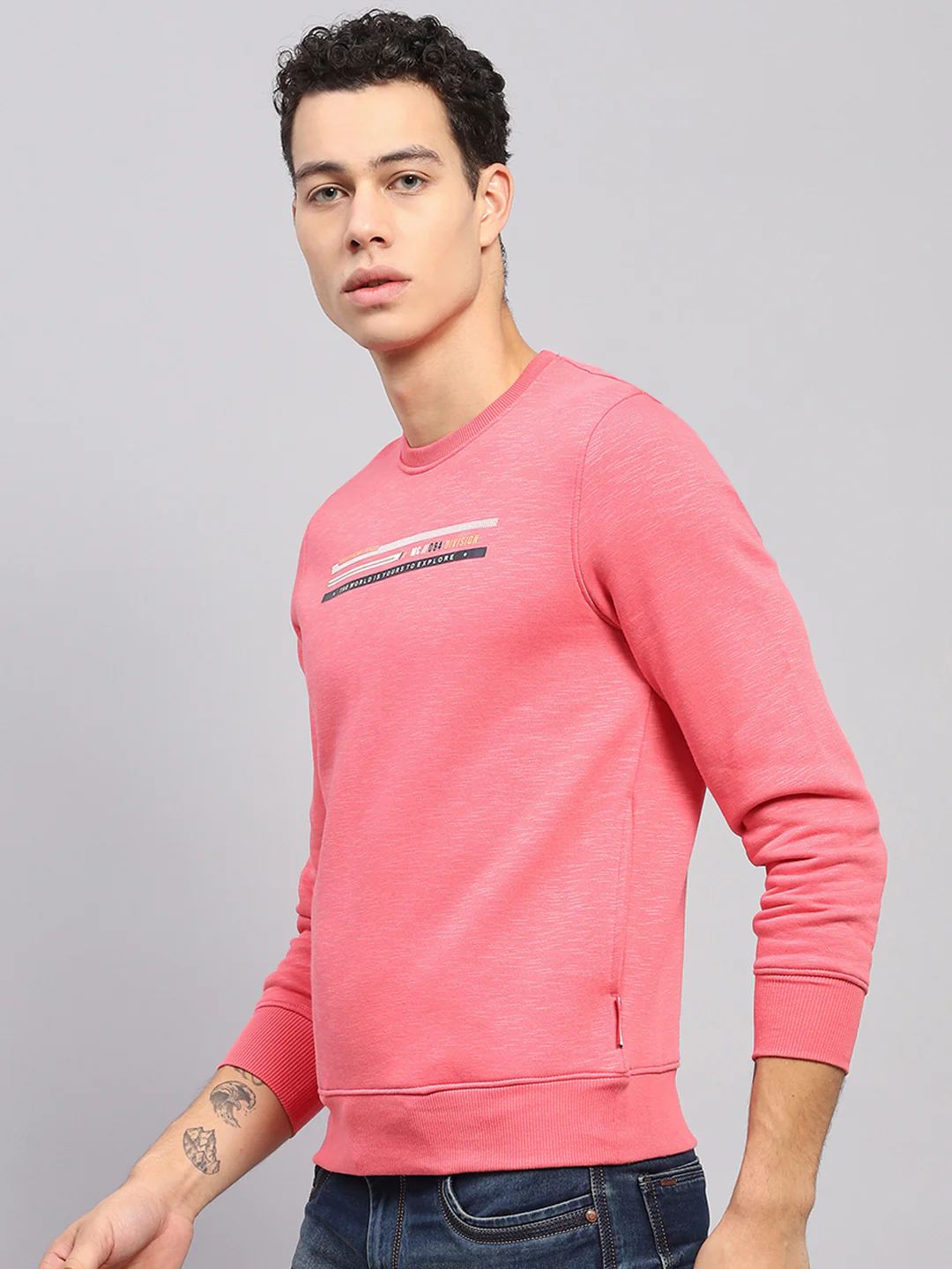 Men Pink Printed Round Neck Full Sleeve Sweatshirt - Image 3