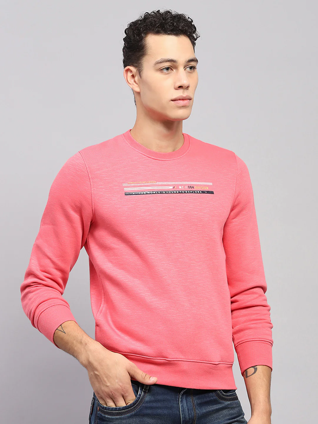 Men Pink Printed Round Neck Full Sleeve Sweatshirt - Image 4