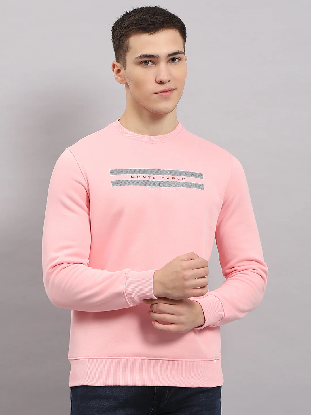 Men Pink Printed Round Neck Full Sleeve Sweatshirt - Image 2