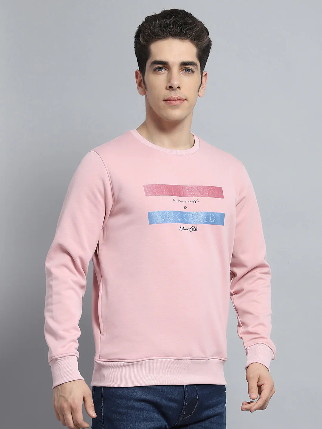 Men Pink Printed Round Neck Full Sleeve Sweatshirt - Image 4
