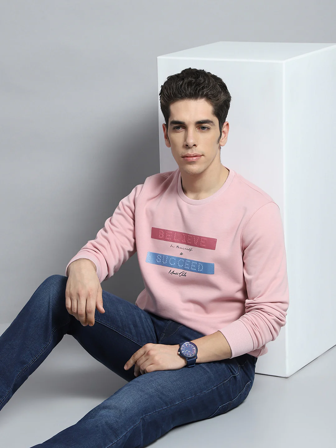 Men Pink Printed Round Neck Full Sleeve Sweatshirt - Image 6