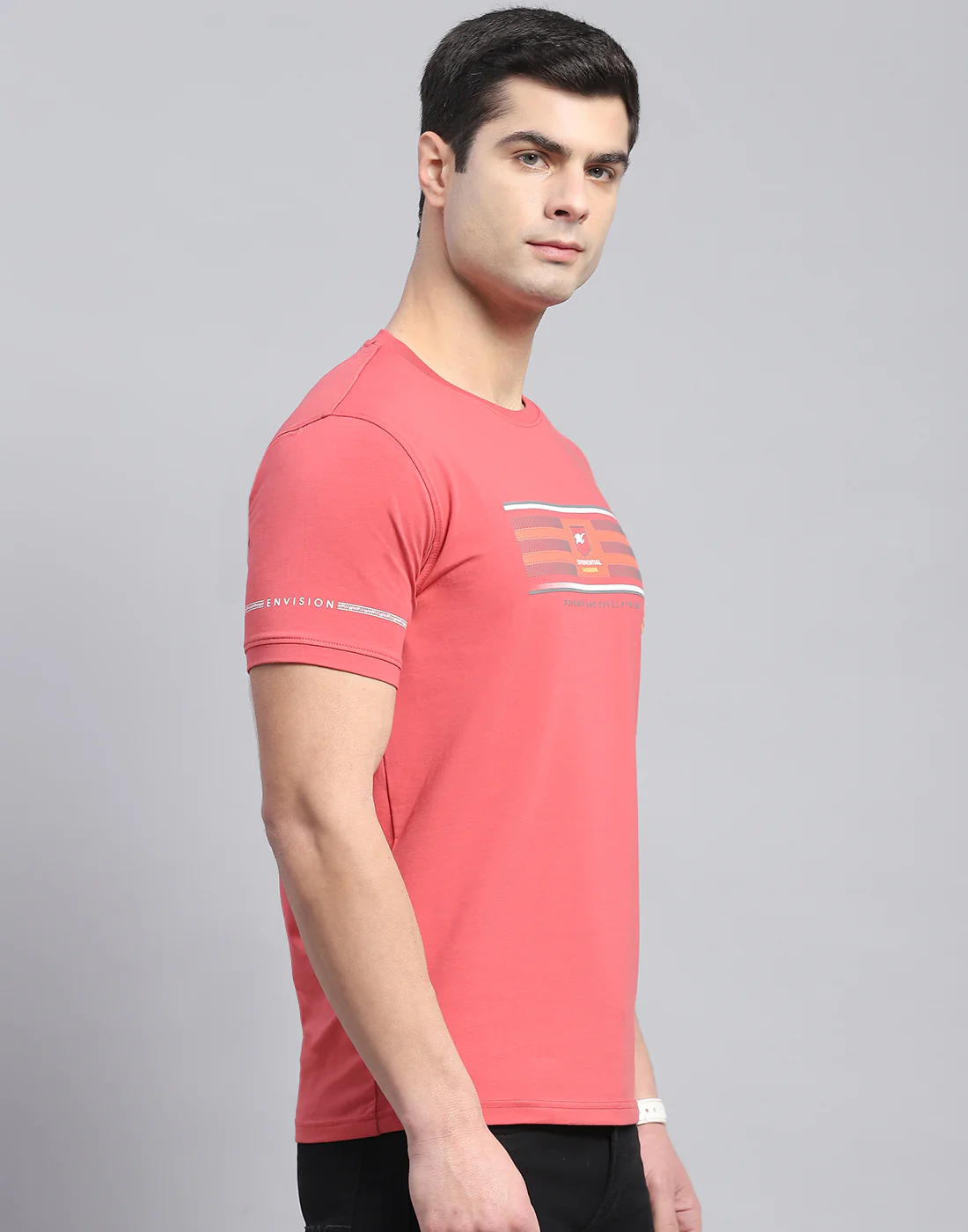 Men Pink Printed Round Neck Half Sleeve T-Shirt - Image 5