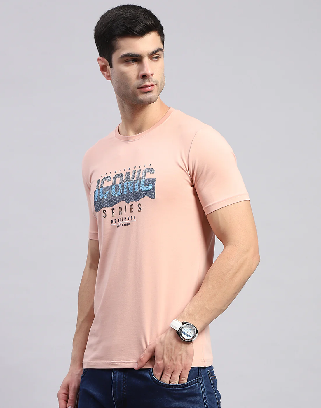Men Pink Printed Round Neck Half Sleeve T-Shirt - Image 3