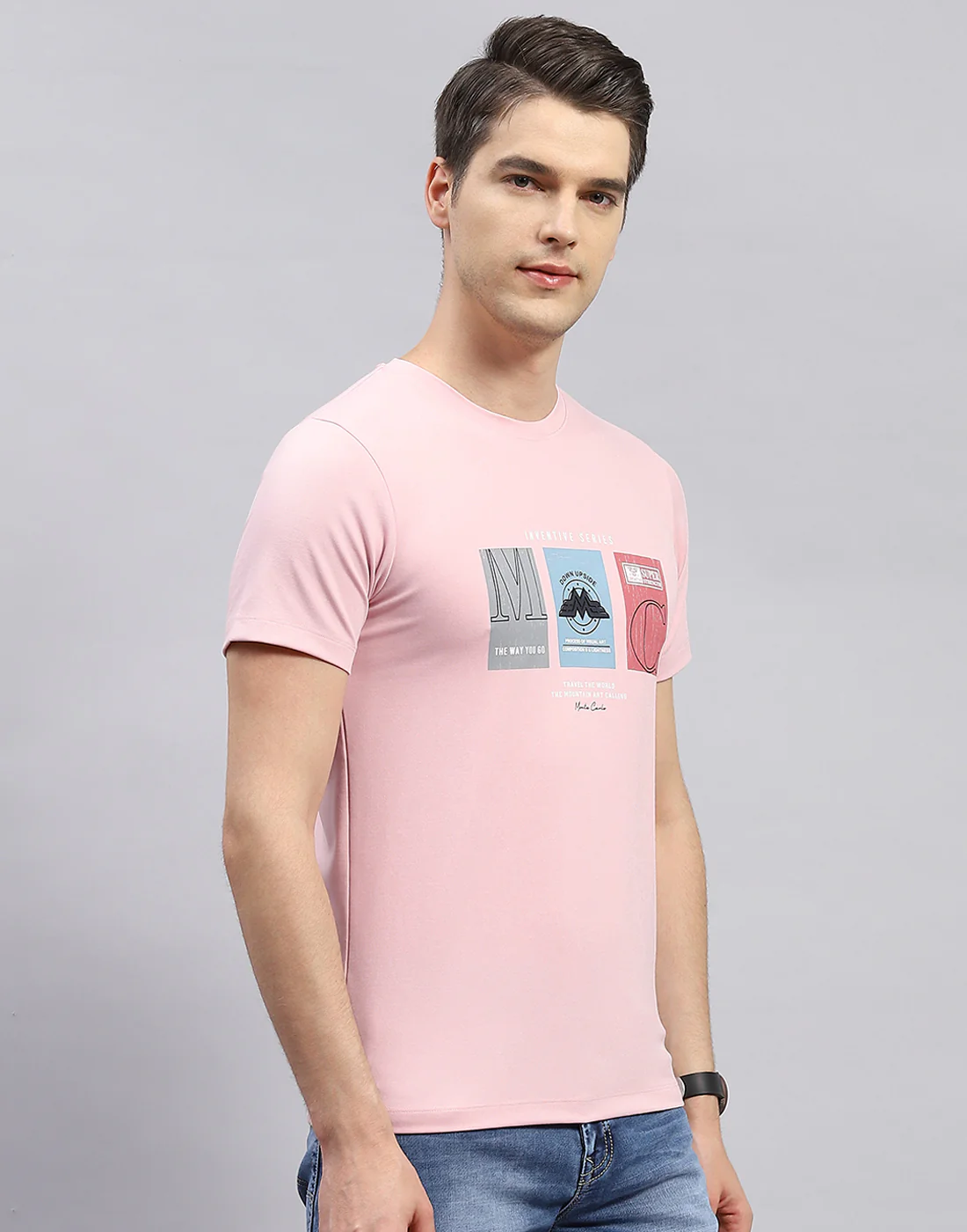 Men Pink Printed Round Neck Half Sleeve T-Shirt - Image 4