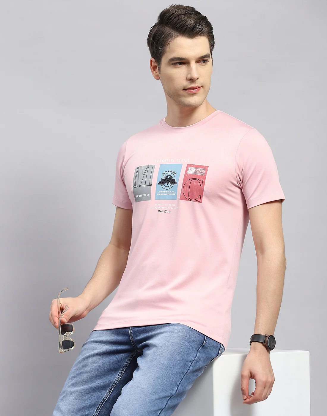 Men Pink Printed Round Neck Half Sleeve T-Shirt - Image 7