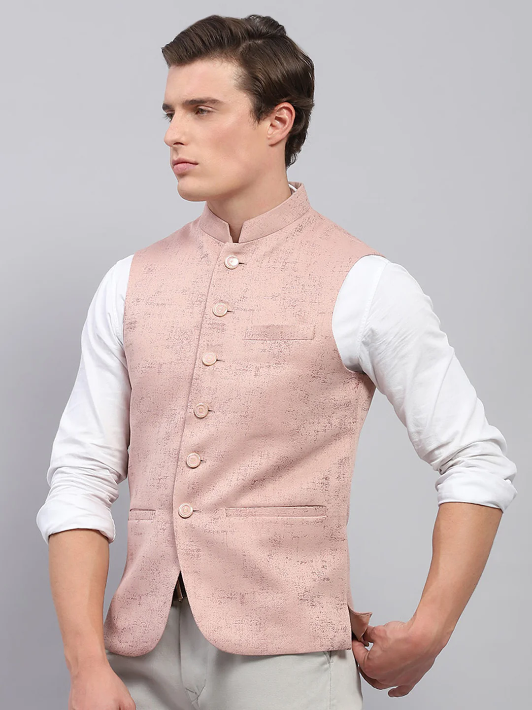 Men Pink Self Design Band Collar Sleeveless Coat - Image 3