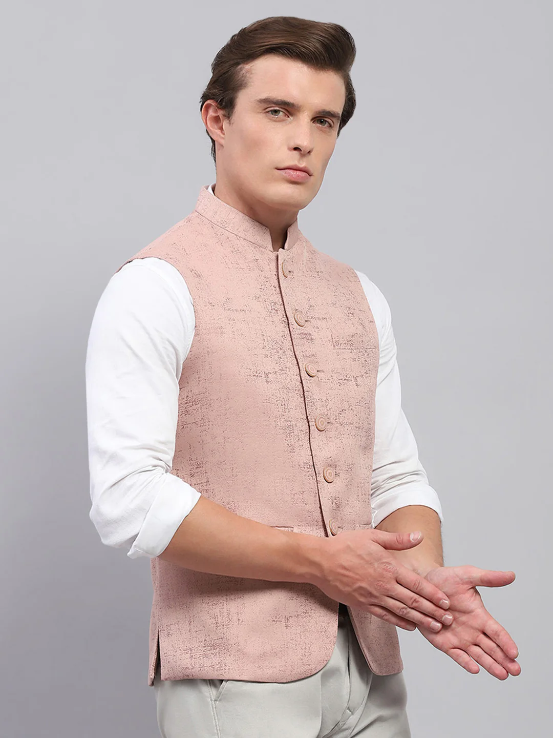 Men Pink Self Design Band Collar Sleeveless Coat - Image 4