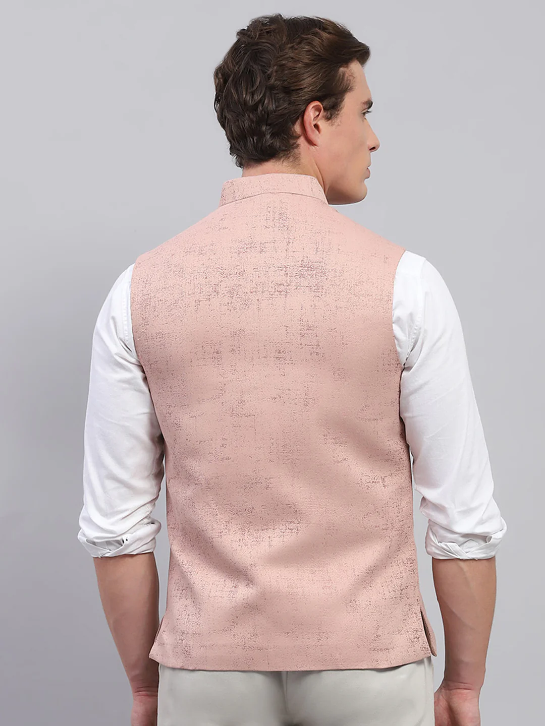 Men Pink Self Design Band Collar Sleeveless Coat - Image 5