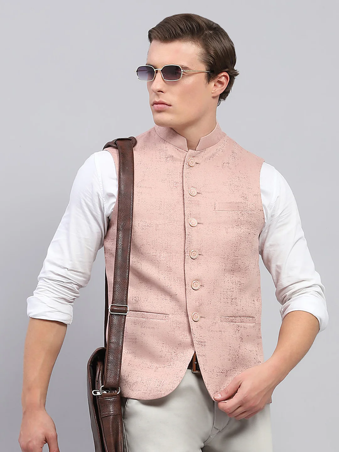 Men Pink Self Design Band Collar Sleeveless Coat - Image 6