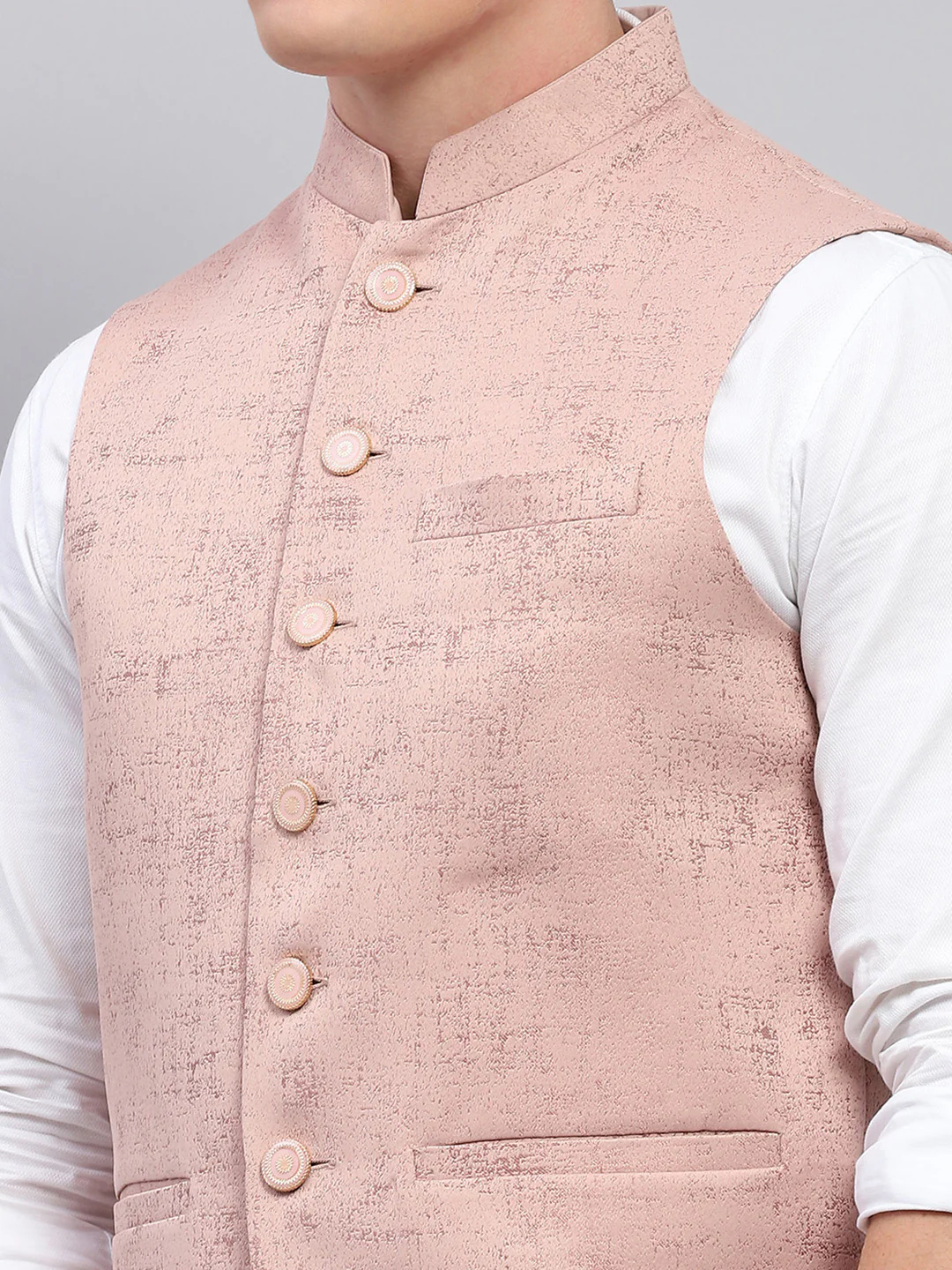 Men Pink Self Design Band Collar Sleeveless Coat - Image 7