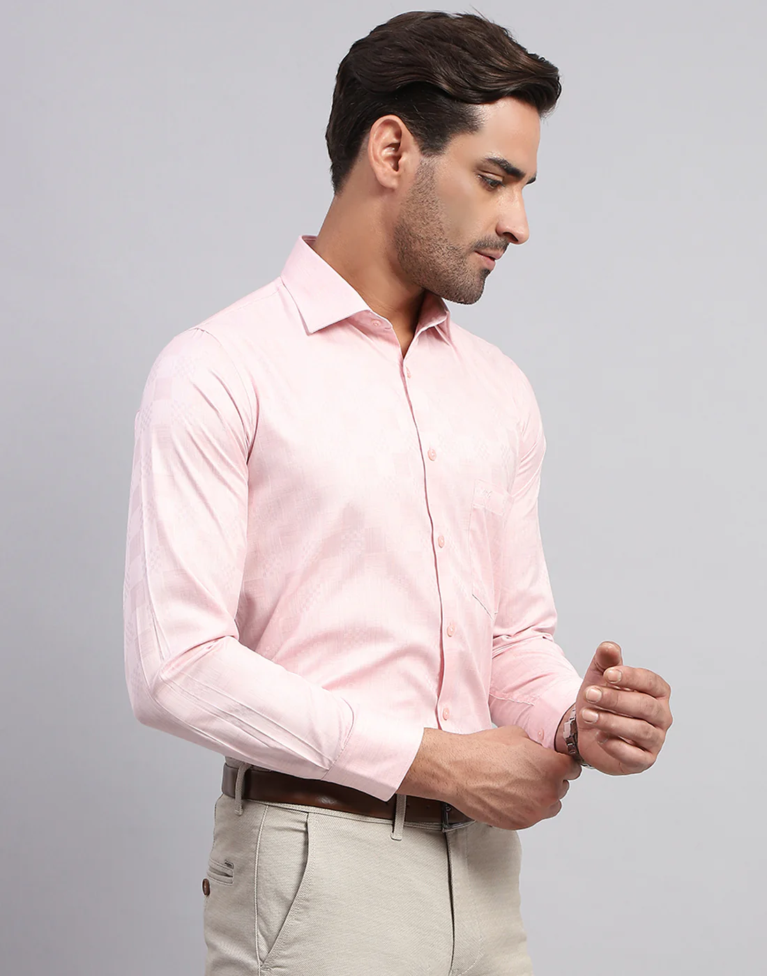 Men Pink Self Design Collar Full Sleeve Shirt - Image 4