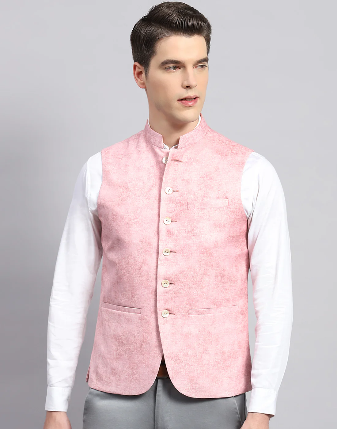 Men Pink Self Design Mandarin Collar Sleeveless Nehru Jacket - Image 3