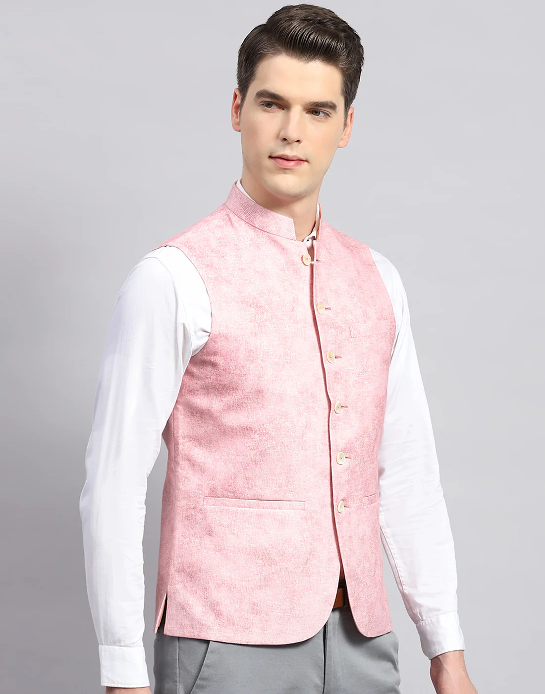 Men Pink Self Design Mandarin Collar Sleeveless Nehru Jacket - Image 4