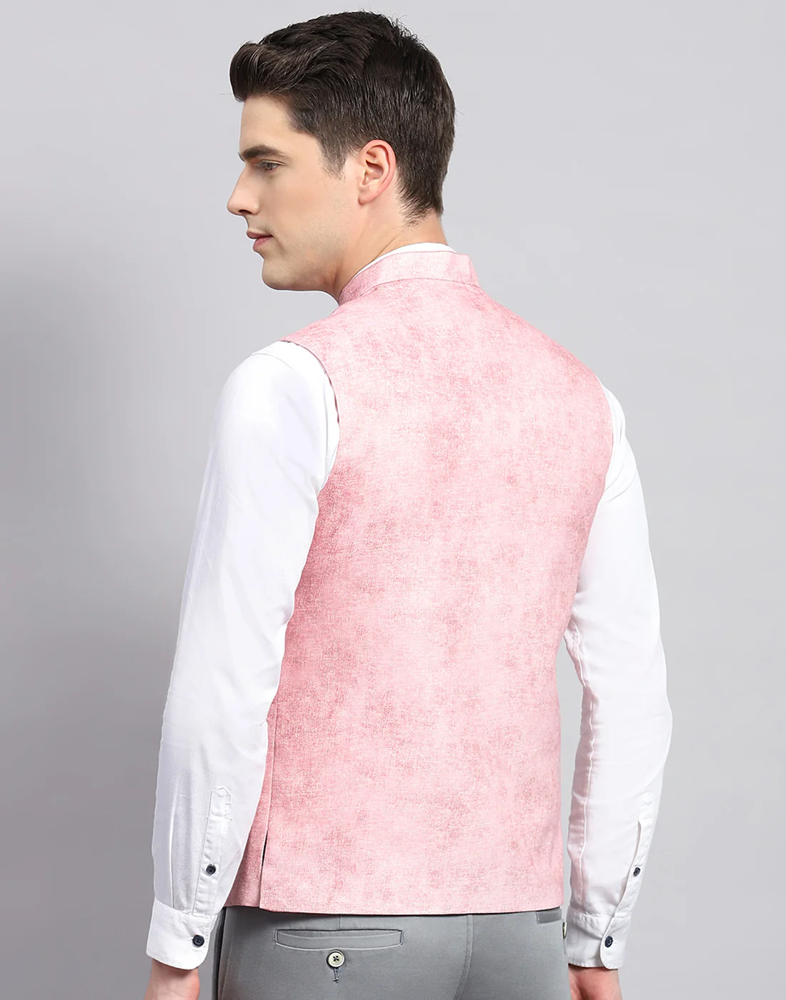 Men Pink Self Design Mandarin Collar Sleeveless Nehru Jacket - Image 5