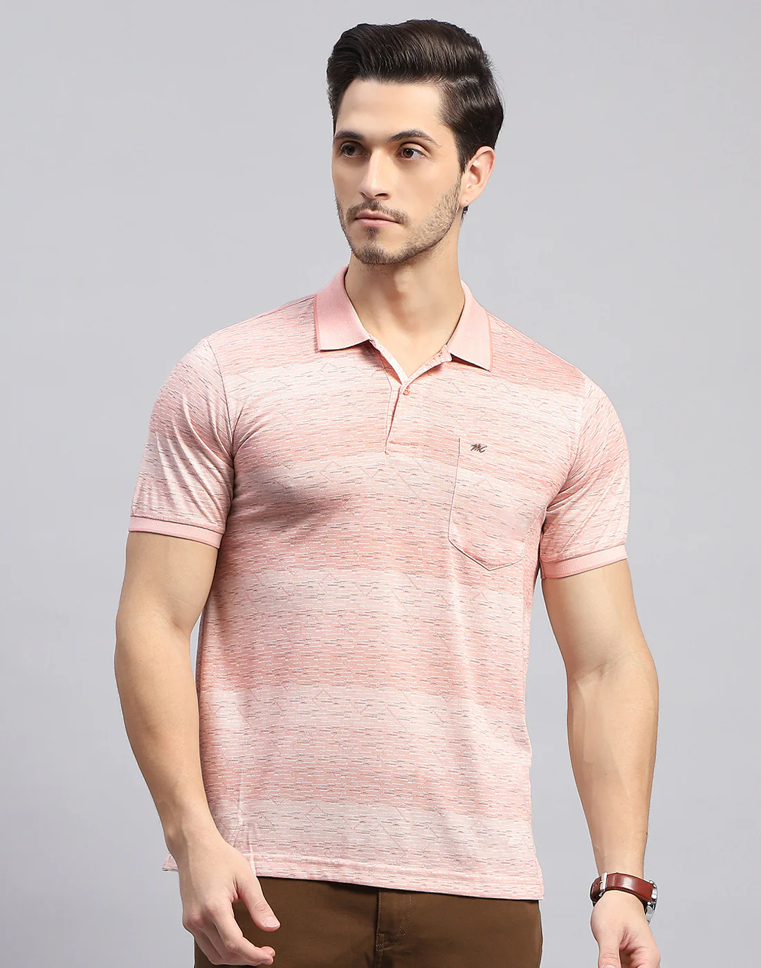 Men Pink Self Design Polo Collar Half Sleeve T-Shirt - Image 2