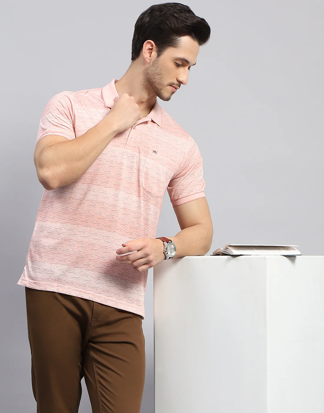Men Pink Self Design Polo Collar Half Sleeve T-Shirt - Image 6