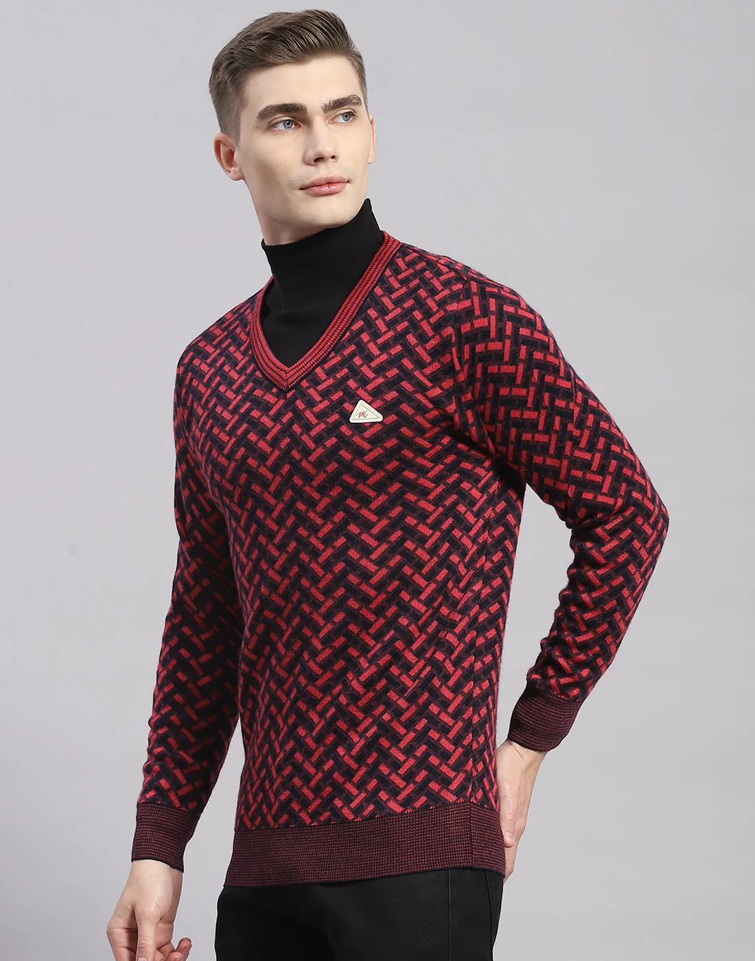 Men Pink Self Design V Neck Full Sleeve Pullover - Image 3