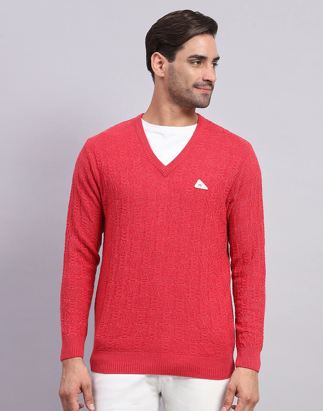 Men Pink Self Design V Neck Full Sleeve Pullover - Image 2