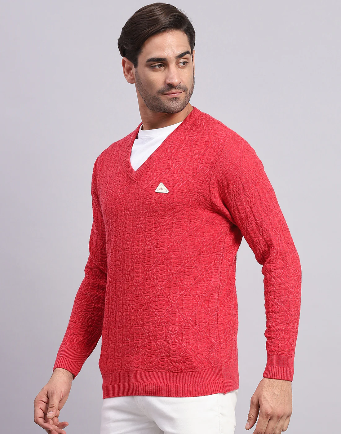Men Pink Self Design V Neck Full Sleeve Pullover - Image 3