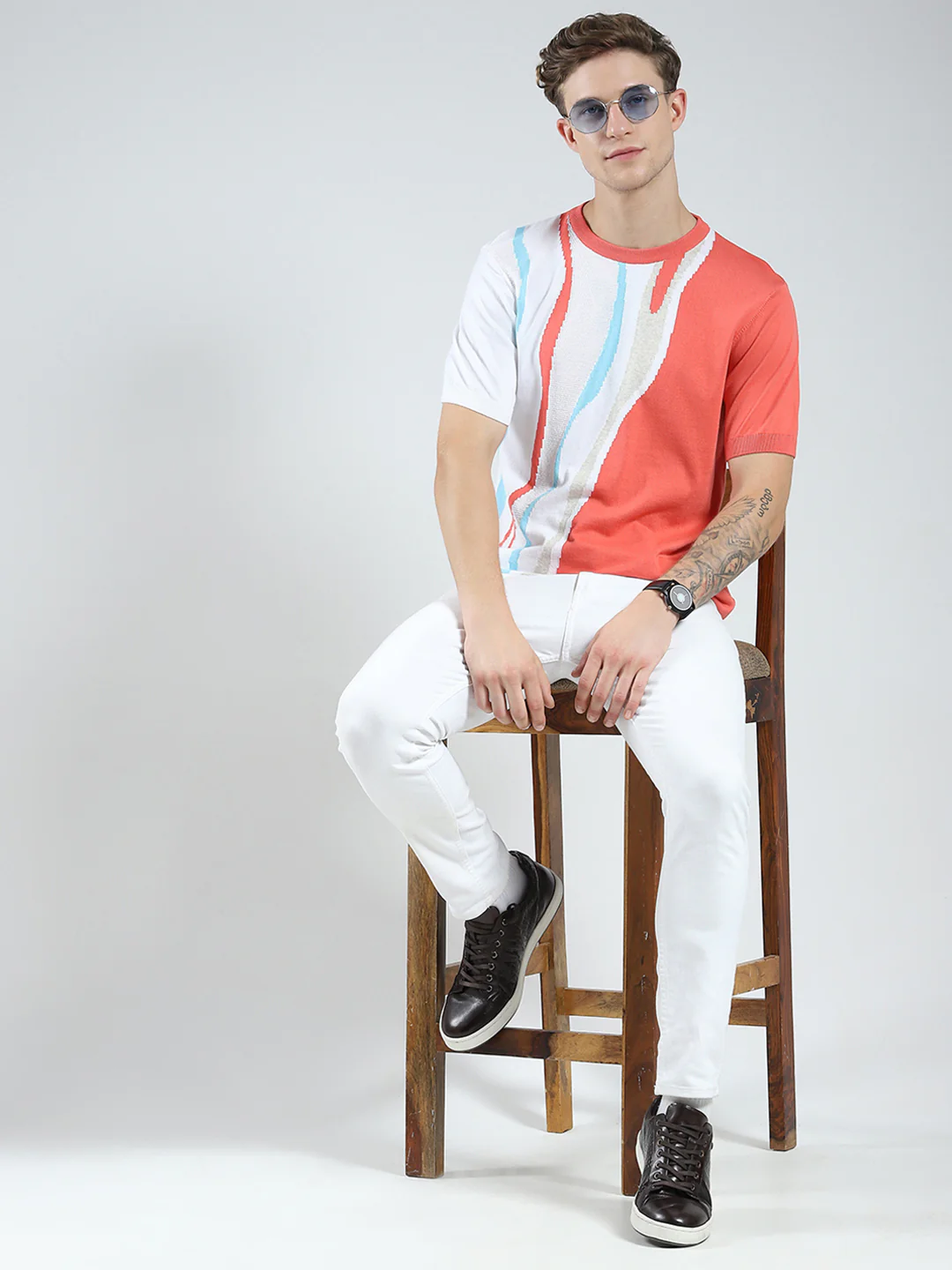 Men Pink Self Design Round Neck Half Sleeve T-Shirt - Image 2