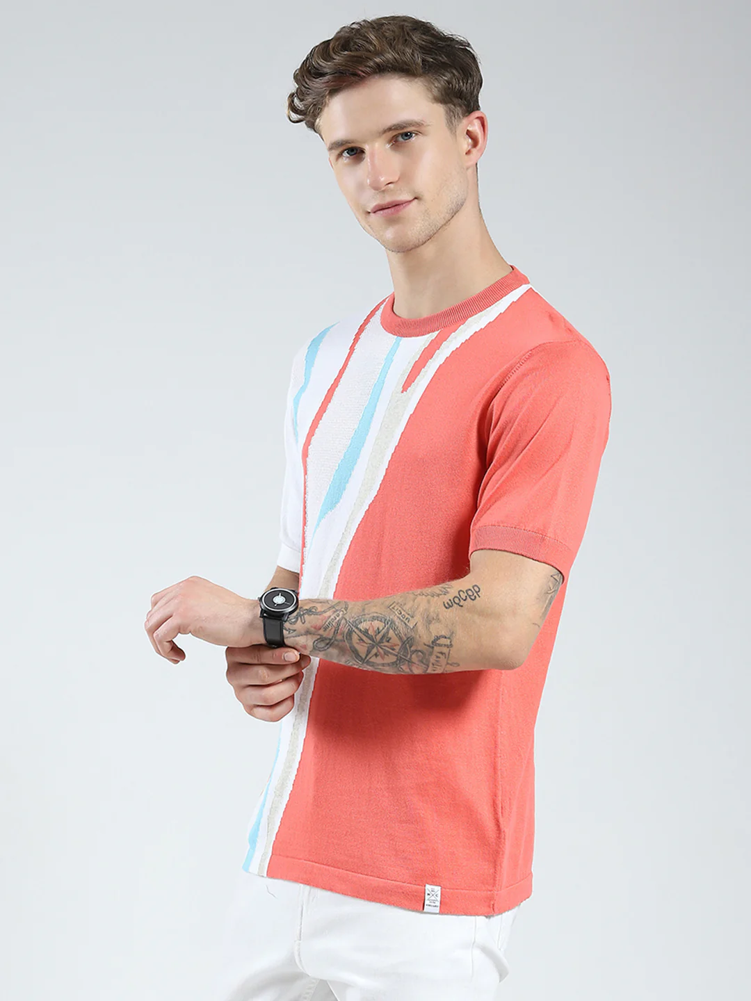Men Pink Self Design Round Neck Half Sleeve T-Shirt - Image 4