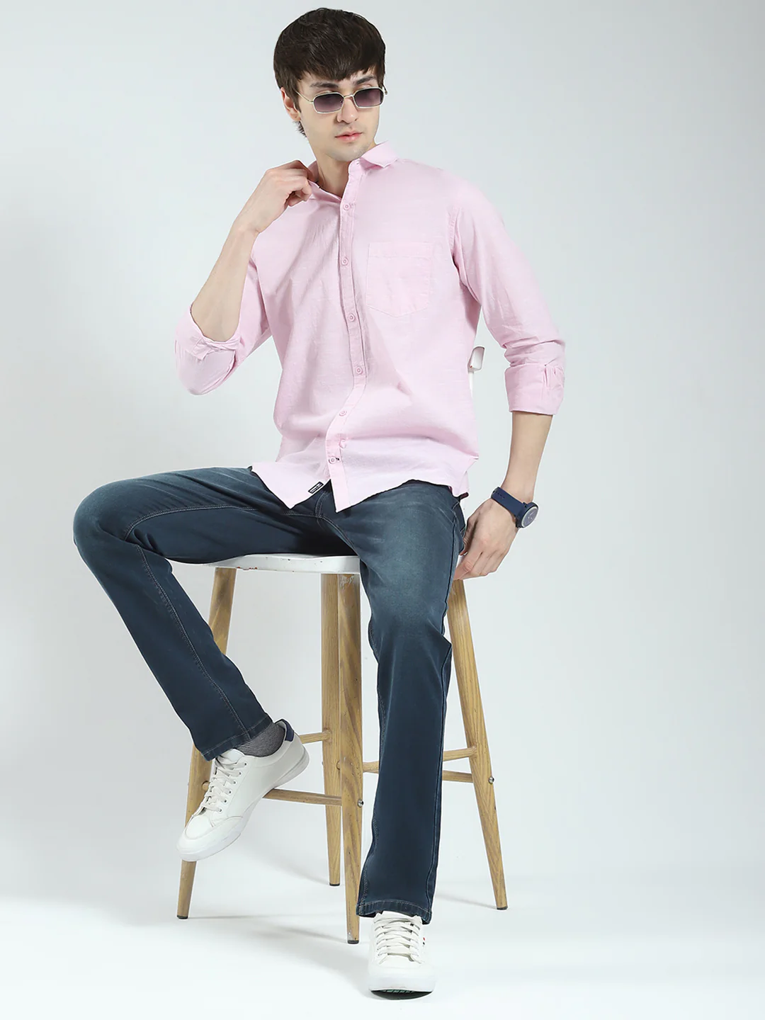 Men Pink Solid Collar Full Sleeve Shirt - Image 2