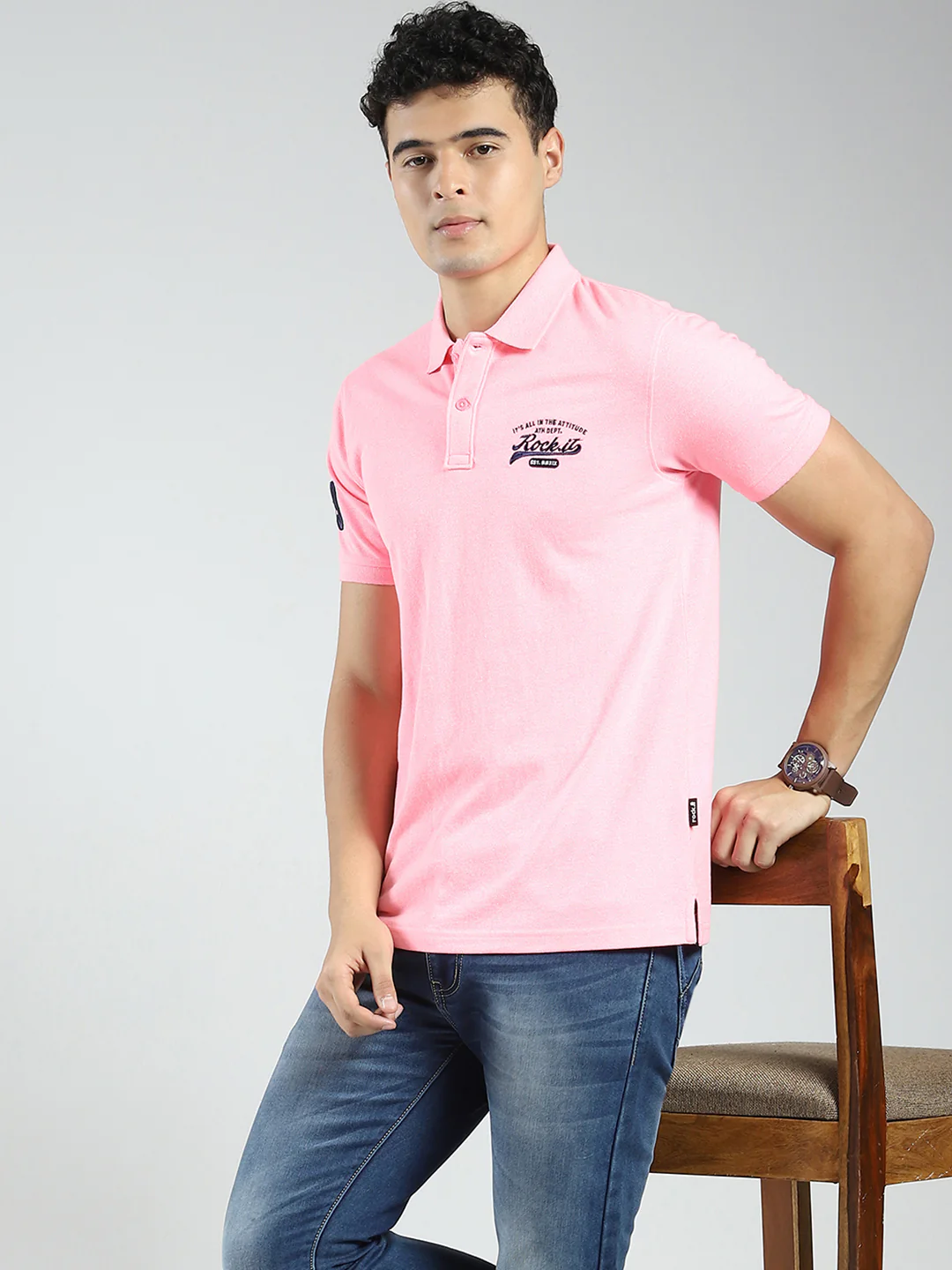 Rock.it Men Pink Solid Collar Half Sleeve T-Shirt - Image 6