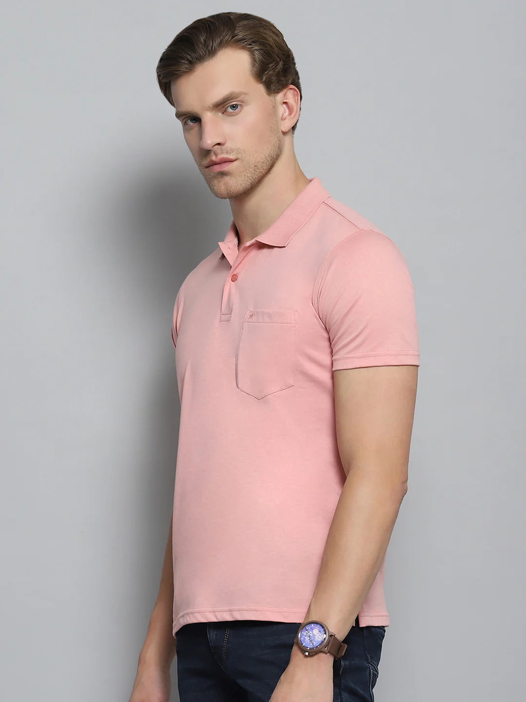 Men Pink Solid Collar Half Sleeve T-Shirt - Image 3