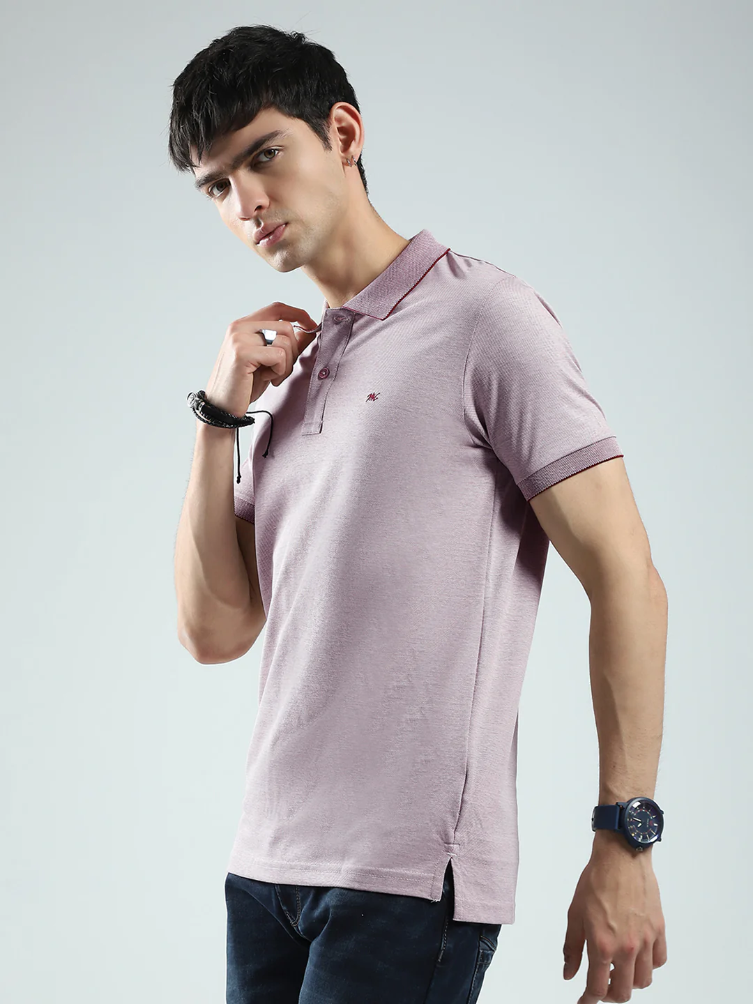 Men Pink Solid Collar Half Sleeve T-Shirt - Image 3