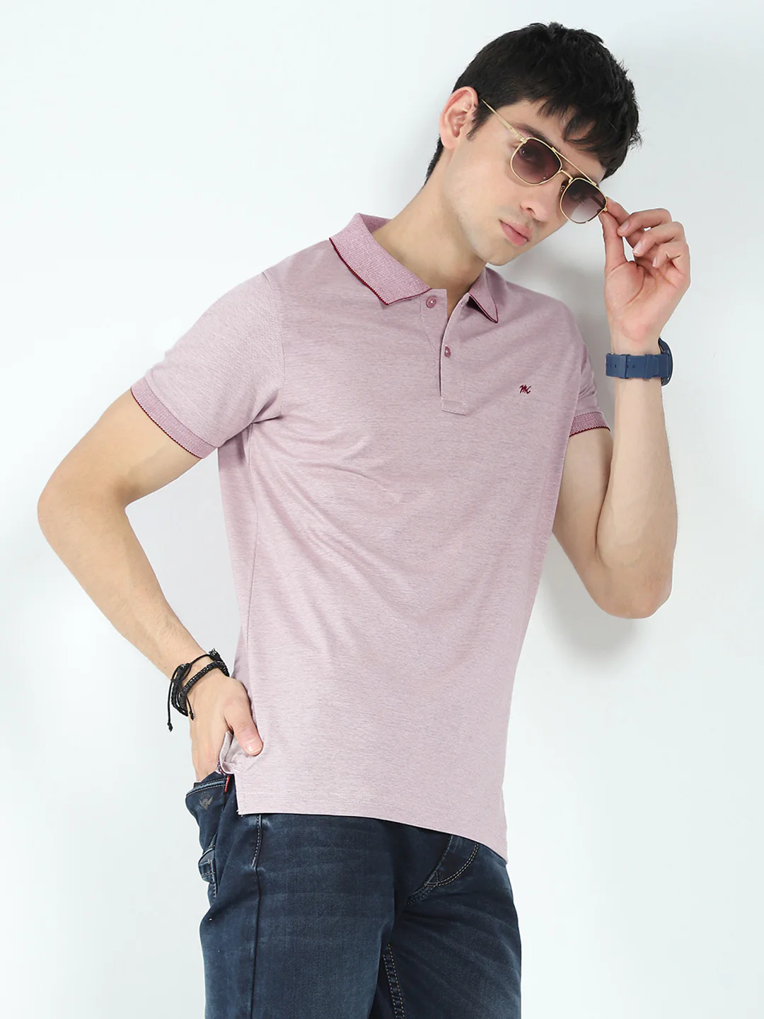 Men Pink Solid Collar Half Sleeve T-Shirt - Image 6