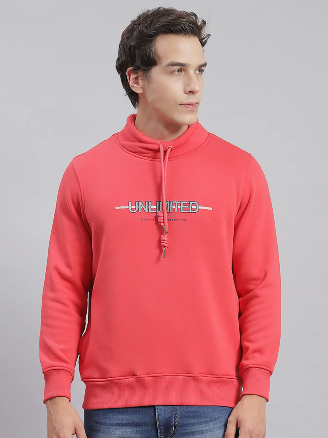 Men Pink Solid F Neck Full Sleeve Sweatshirts - Image 2